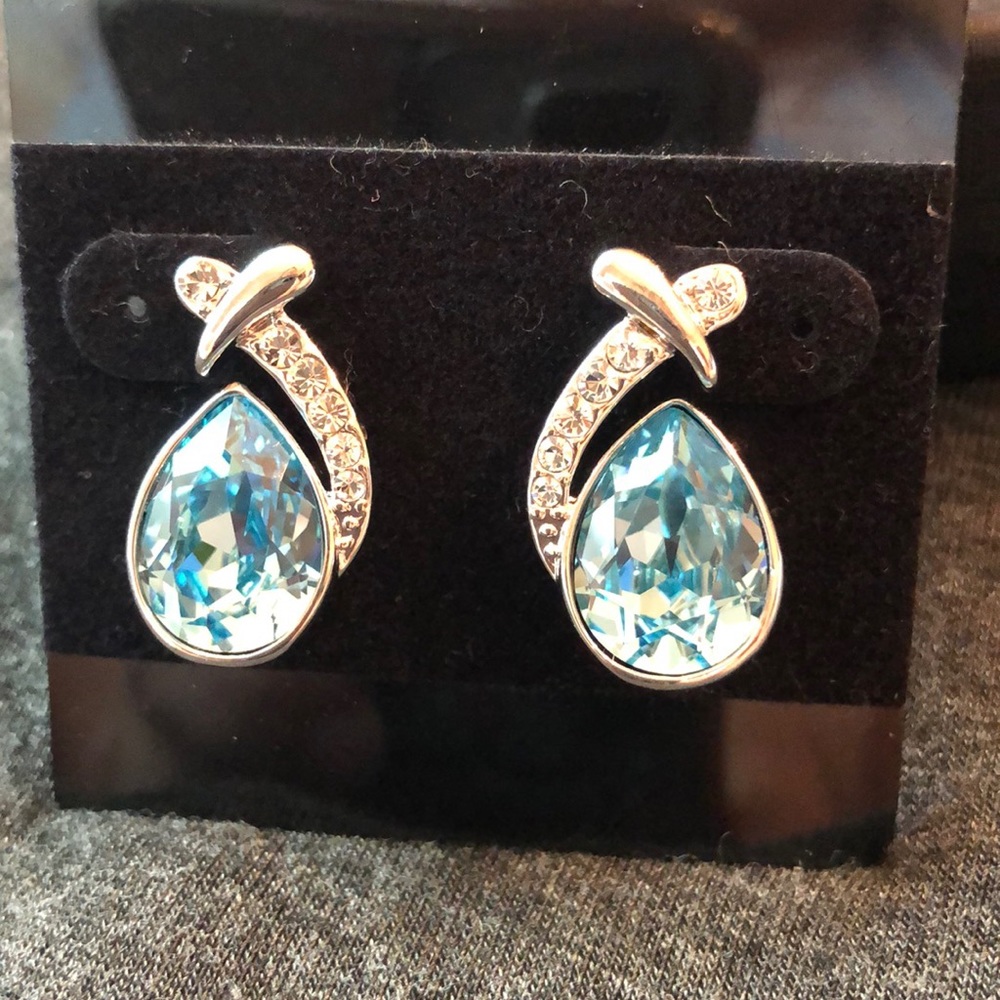 Aquamarine teardrop silver and crystal earrings
